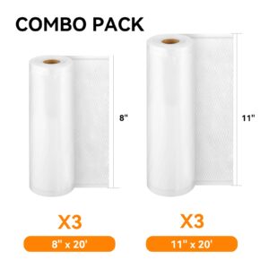 [2024 New] 6 Pack 8" x 20' and 11" x 20', Vacuum Sealer Rolls Bags for Food, Great for Food Storage, Sous Vide and Meal Prep, Wevac Lite