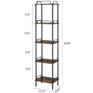 Gewudraw 5-Tier Tall Bookshelf, Narrow Bookcase with guardrail, Freestanding Storage Stand Display Rack for Living Room, Bedroom, Home Office, 11 x 14 x 59 Inches, Rustic Brown and Black