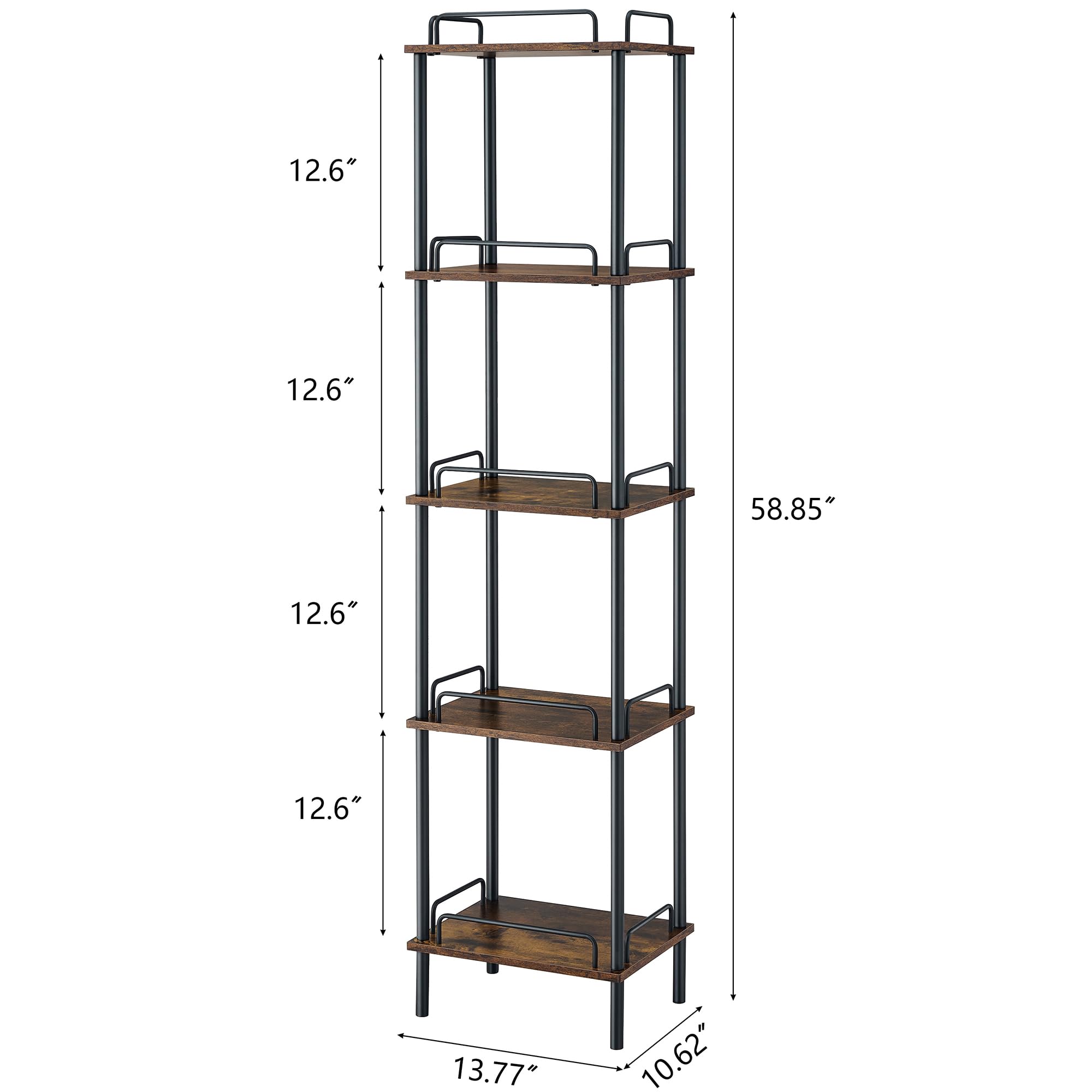 Gewudraw 5-Tier Tall Bookshelf, Narrow Bookcase with guardrail, Freestanding Storage Stand Display Rack for Living Room, Bedroom, Home Office, 11 x 14 x 59 Inches, Rustic Brown and Black