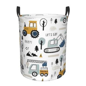 lets go construction vehicle excavator tractors laundry hamper with durable handle waterproof collapsible laundry basket circular dirty clothes storage basket for bathroom bedroom college dorm