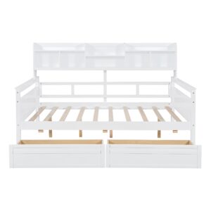 Harper & Bright Designs Full Daybed with Storage, Wooden Full Size Bed Frame with Bookcase Headboard and 2 Drawers, Full Sofa Bed with Shelves for Living Room Bedroom, No Box Spring Need, White