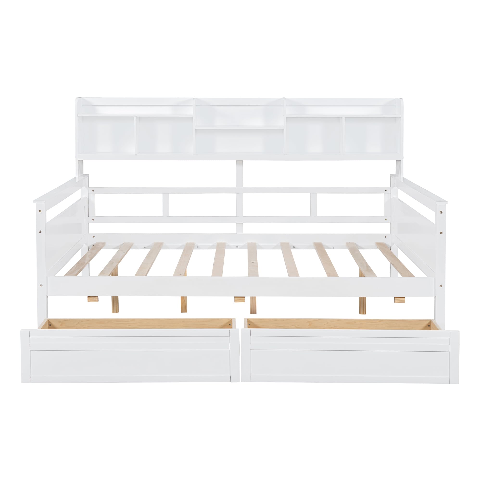 Harper & Bright Designs Full Daybed with Storage, Wooden Full Size Bed Frame with Bookcase Headboard and 2 Drawers, Full Sofa Bed with Shelves for Living Room Bedroom, No Box Spring Need, White