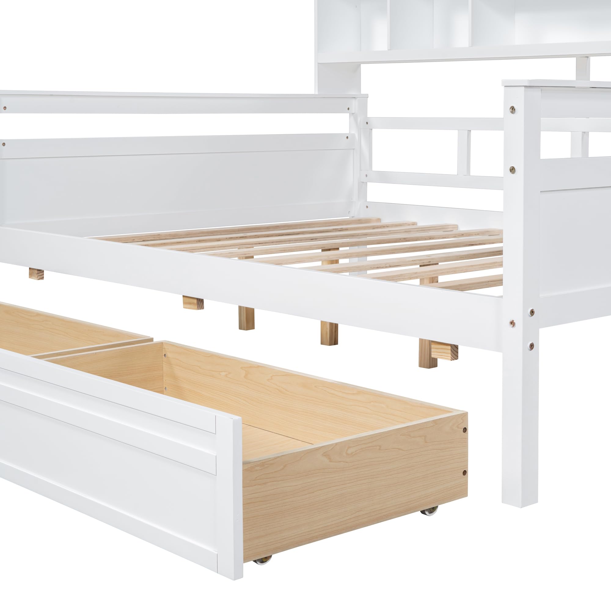 Harper & Bright Designs Full Daybed with Storage, Wooden Full Size Bed Frame with Bookcase Headboard and 2 Drawers, Full Sofa Bed with Shelves for Living Room Bedroom, No Box Spring Need, White