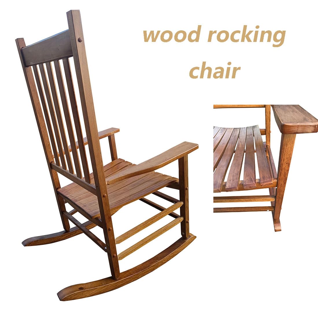 Porch Rocking Chair Outdoor and Indoor Use, Solid Eucalyptus Wood Rocker with Natural Finish, Front Porch Chairs for Patio Deck Garden Balcony, Backyard, Living Room, Adult Wooden Rocking (Brown)