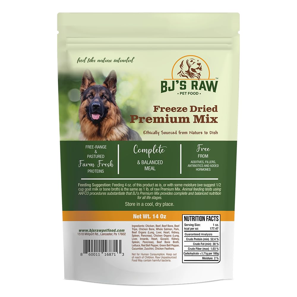 BJ's Raw Pet Food Freeze Dried Premium Complete Mix High Protein Nutritious Meal for Optimal Health Made in USA, 14-Ounce