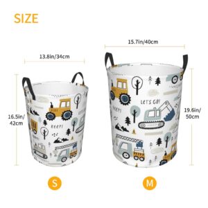 Lets Go Construction Vehicle Excavator Tractors Laundry Hamper with Durable Handle Waterproof Collapsible Laundry Basket Circular Dirty Clothes Storage Basket for Bathroom Bedroom College Dorm