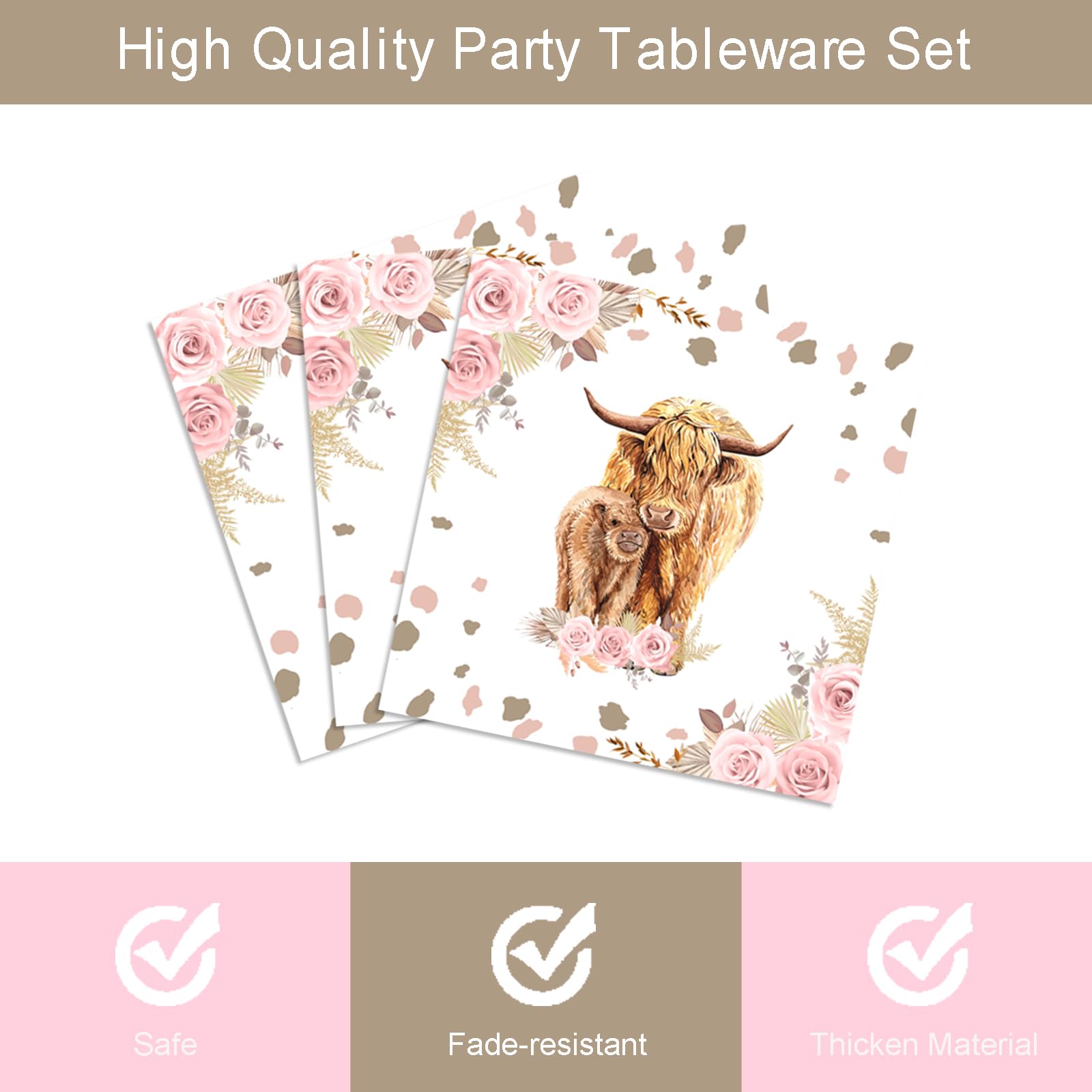 96 Pcs Boho Highland Cow Party Supplies for Girl Holy Cow Highland Baby Shower Plates and Napkins Party Supplies Bohemian Pink Floral Pampa Grass Highland Birthday Party Decorations Serves 24