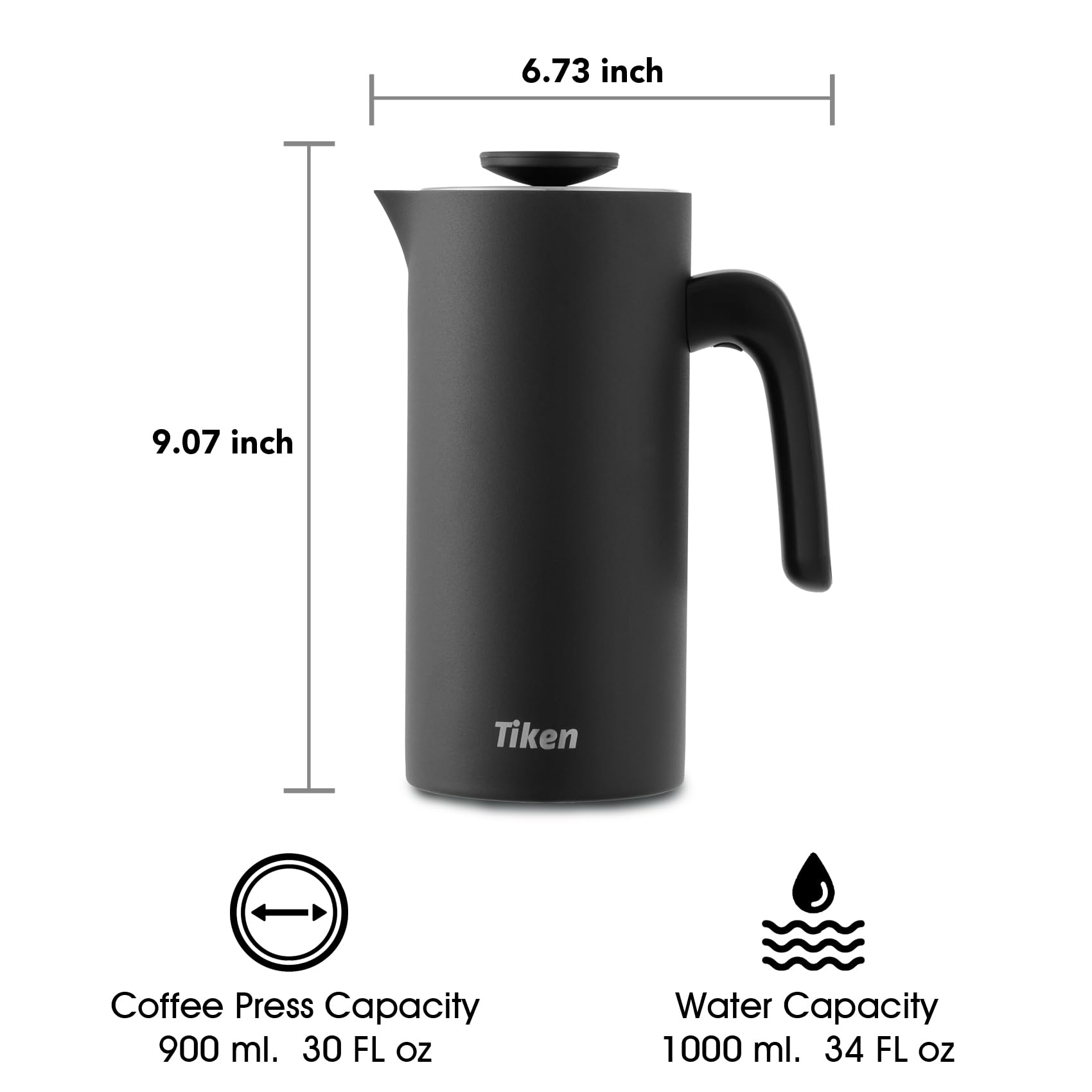 Tiken French Press Coffee Maker Stainless Steel Double-wall Vacuum Insulated Coffee Press Dishwasher Safe, 34Oz Black