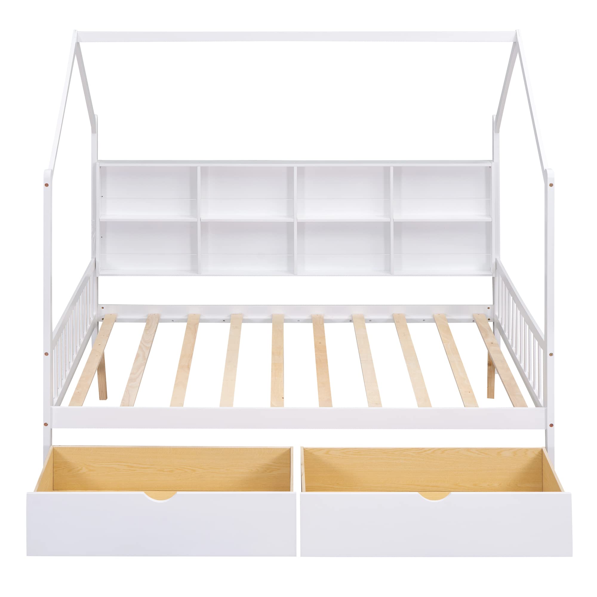 Bellemave Full House Bed with Storage Drawers, Full Size Kids Montessori House Bed with Shelves, Wood Tent Cabin Beds Frame for Girls Boys Teens, White