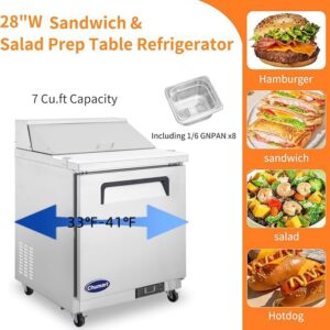 CHUMART 29" W Sandwich Salad Prep Table Refrigerator 9 Cu.Ft Commercial Refrigerators, Fan Cooling Food Prep Fridge with 8 Pans, Salad Bar with Cut Board for Buffet Restaurant, Bar, Shop, etc