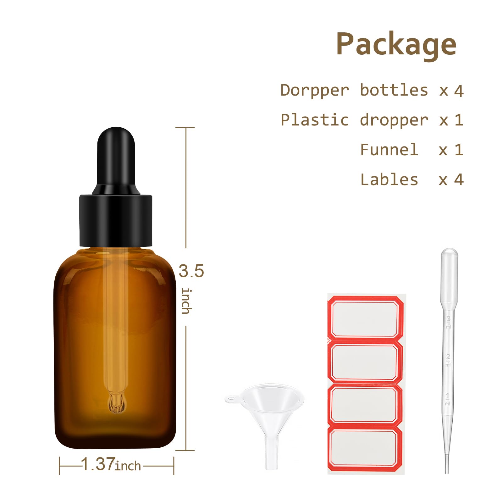 4Pack Dropper Bottles with Dropper 1.7 oz Glass Tincture Bottles with 1 Funnel & 4 Labels 50ml Thick Amber Leakproof Essential Oils Bottles Eye Dropper Bottles for Storage and Travel