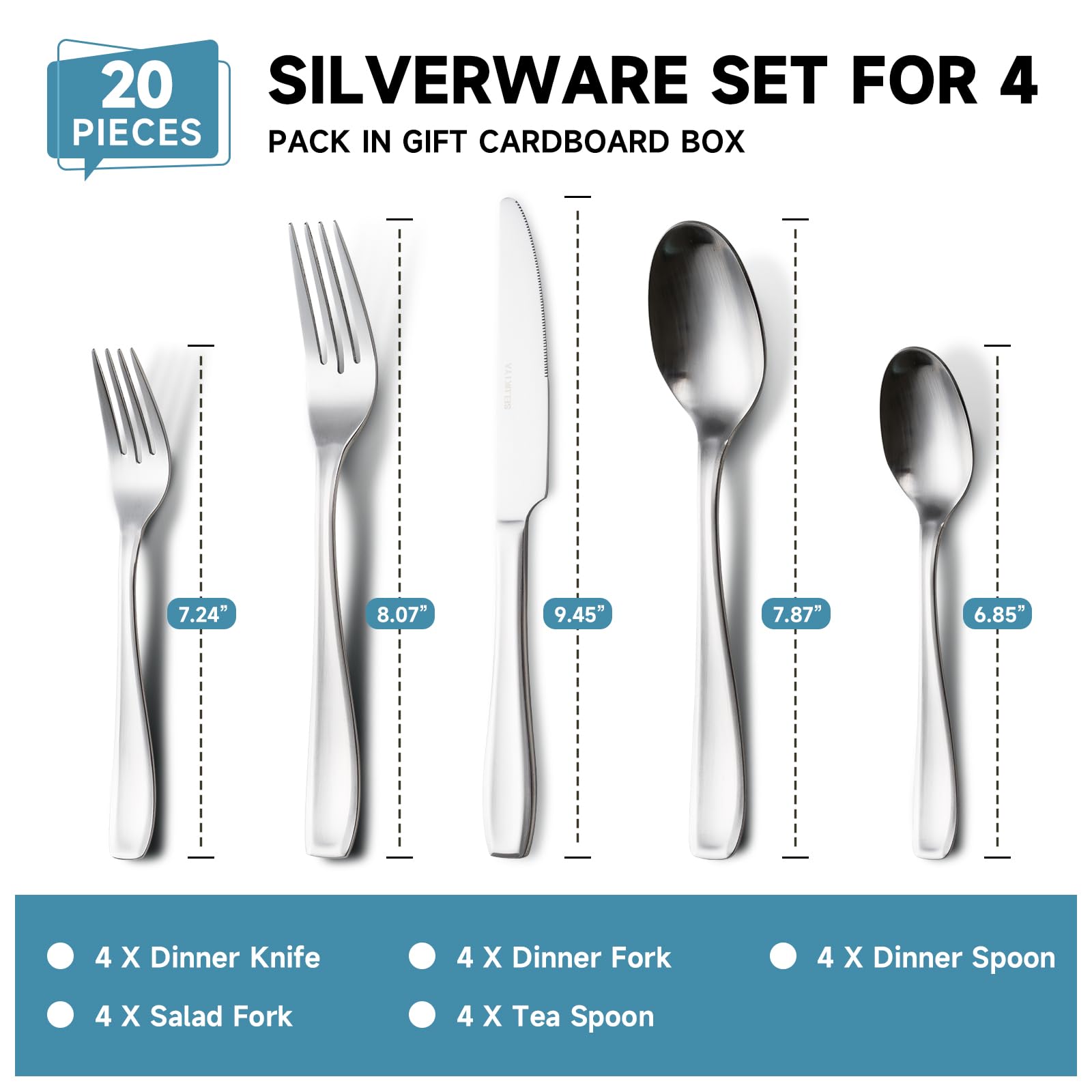 SELUKIYA Silverware Set for 4, 20 Piece Heavy Duty Stainless Steel Flatware Set, Satin Finish Cutlery Utensil Set, Dinner Fork Knife Spoon Tableware Set for Home Kitchen, Dishwasher Safe, Matte Silver