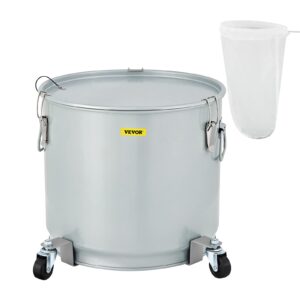 vevor fryer grease bucket 11 gal, coated carbon steel oil filter pot 40l with caster base, oil disposal caddy with 82 lbs capacity, transport container with lid lock clip nylon filter bag silver