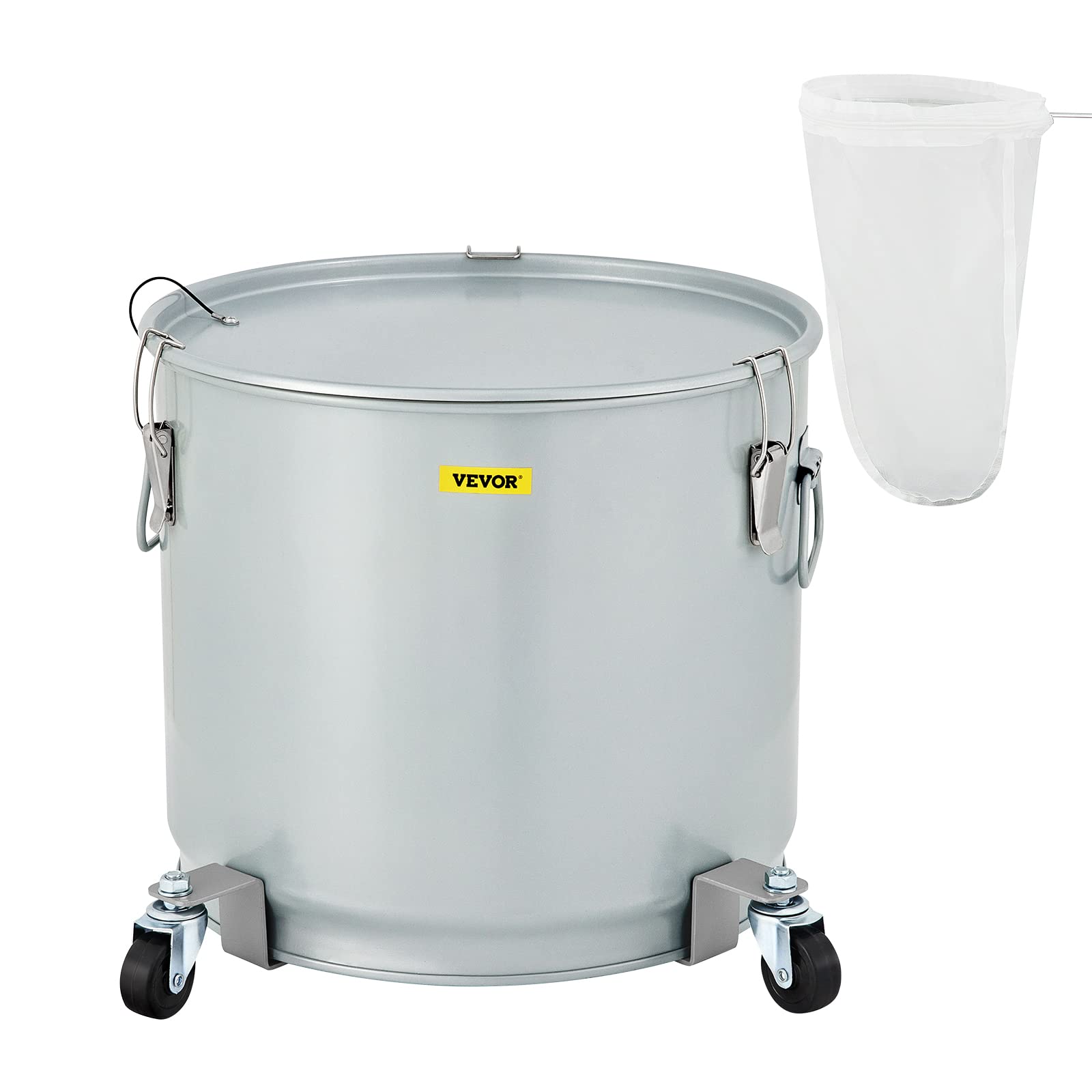 VEVOR Fryer Grease Bucket 11 Gal, Coated Carbon Steel Oil Filter Pot 40L with Caster Base, Oil Disposal Caddy with 82 LBS Capacity, Transport Container with Lid Lock Clip Nylon Filter Bag Silver