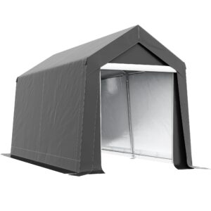 outsunny 7' x 12' portable storage shed shelter, heavy duty outdoor shed, waterproof garden storage tent with ventilation window and roll-up zipper door for bike, motorcycle, garden tools, gray