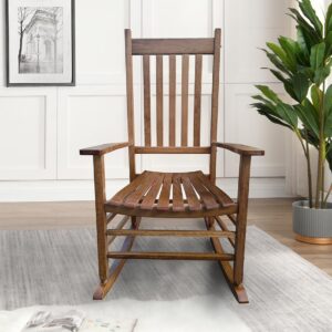 porch rocking chair outdoor and indoor use, solid eucalyptus wood rocker with natural finish, front porch chairs for patio deck garden balcony, backyard, living room, adult wooden rocking (brown)