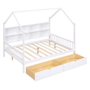 Bellemave Full House Bed with Storage Drawers, Full Size Kids Montessori House Bed with Shelves, Wood Tent Cabin Beds Frame for Girls Boys Teens, White