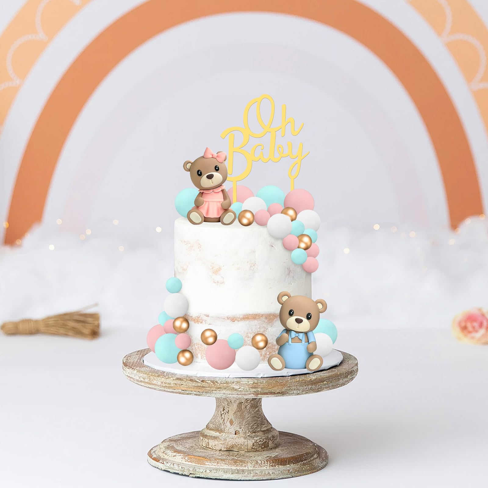 33 PCS Bear Cake Toppers, Gender Reveal Cake Toppers Cake Decorations with Bear Figurines and Balls for Boys Girls Baby Shower Bear Theme Party Supplies Gender Reveal