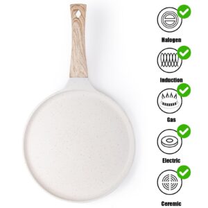 Hiceeden Nonstick Crepe Pan with Spreader, 10-Inch Tortilla Pan with Detachable Handle, Ceramic Coating Pancake Griddle Pan Dosa Tawa Pan, for All Stove, Induction Compatible, PFOA Free (White)