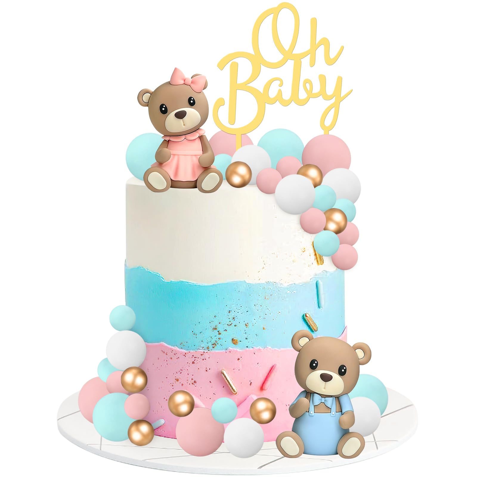 33 PCS Bear Cake Toppers, Gender Reveal Cake Toppers Cake Decorations with Bear Figurines and Balls for Boys Girls Baby Shower Bear Theme Party Supplies Gender Reveal