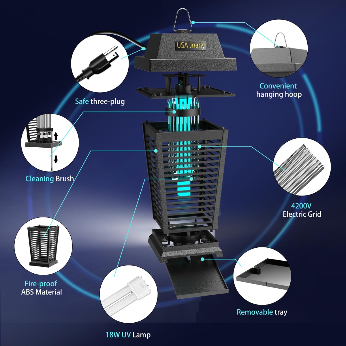 USA Jnariy Bug Zapper Outdoor, Fly Zappers Indoor Electric, Mosquito Zapper, Fly Insect Killer, Mosquito Killer, Mosquito Killer, 3 Prong Plug with 5ft Power Cord Trap Lantern