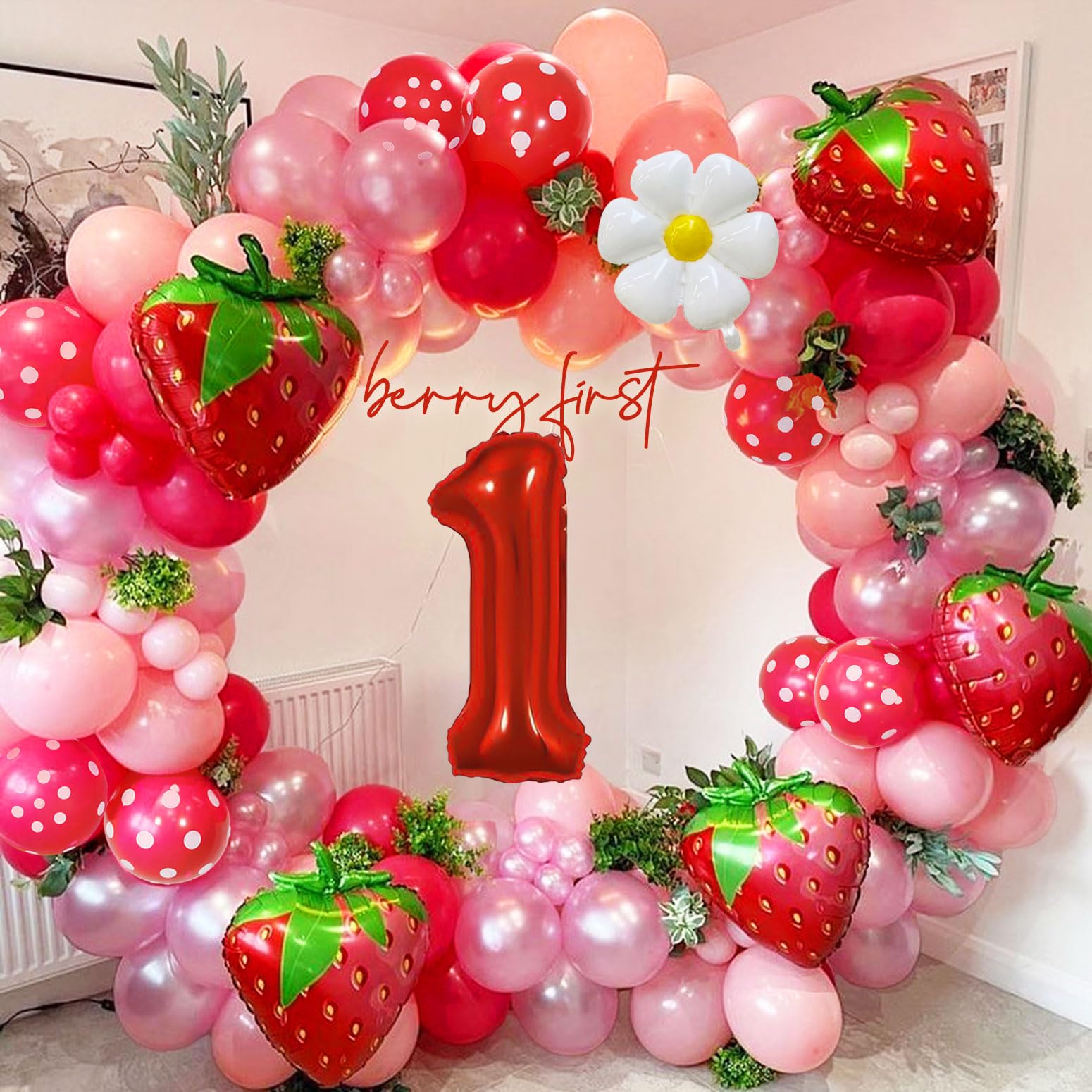 Strawberry Balloon Garland Berry First Birthday Party Decorations Pink Red Balloon Arch Ideal for Berry Sweet Themed Celebrations, Sweet Girl Baby Showers，Strawberry and Pastel Daisy Party Supplies