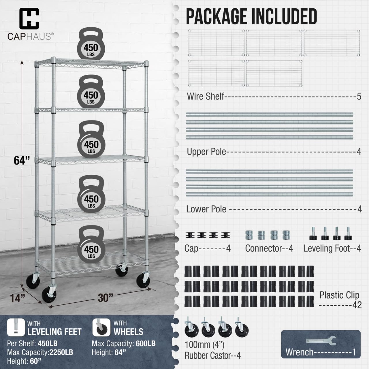 CAPHAUS Heavy Duty NSF Commercial Adjustable Shelves Wire Shelving w/Wheels & Feet, Kitchen Storage Metal Shelf, Garage Storage Shelving, Utility Wire Rack Storage Unit, Silver Grey 30 x 14, 5-Tier