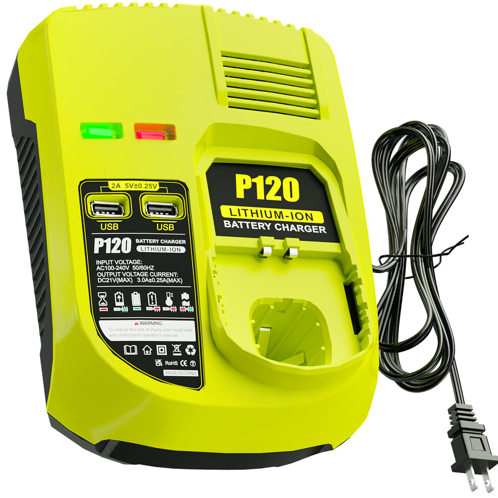 【with 2 USB Port】 Charger Replacement for Ryobi 18V Charger P117 Compatible with Ryobi 12V-18V One+ Lithium NiCad NiMh Battery P102 P108 P189 P197 P103 P105 P107 P190 P191 PBP002 PBP005