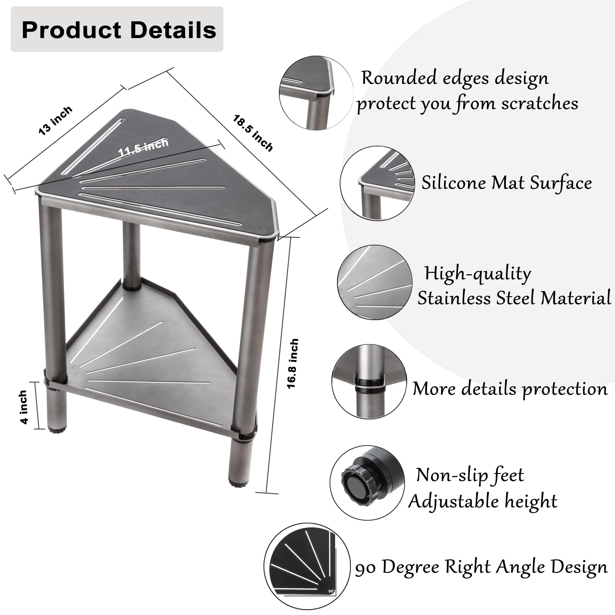 Stainless Steel Corner Shower Stool 15.9"H Shower Foot Rest Shower Bench Seat, Shower Chair Seat, Shower Shaving Foot Rest with Adjustable Feet, Non-Slip, Indoor & Outdoor Easy Assemble (Grey)