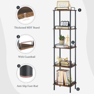 Gewudraw 5-Tier Tall Bookshelf, Narrow Bookcase with guardrail, Freestanding Storage Stand Display Rack for Living Room, Bedroom, Home Office, 11 x 14 x 59 Inches, Rustic Brown and Black