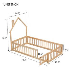 Twin Floor Bed with Rails and House-Shaped Headboard Kids Bed Frame with Fence and Doors Twin Size Wood Montessori Floor Bed for Baby Girls Boys, Natural