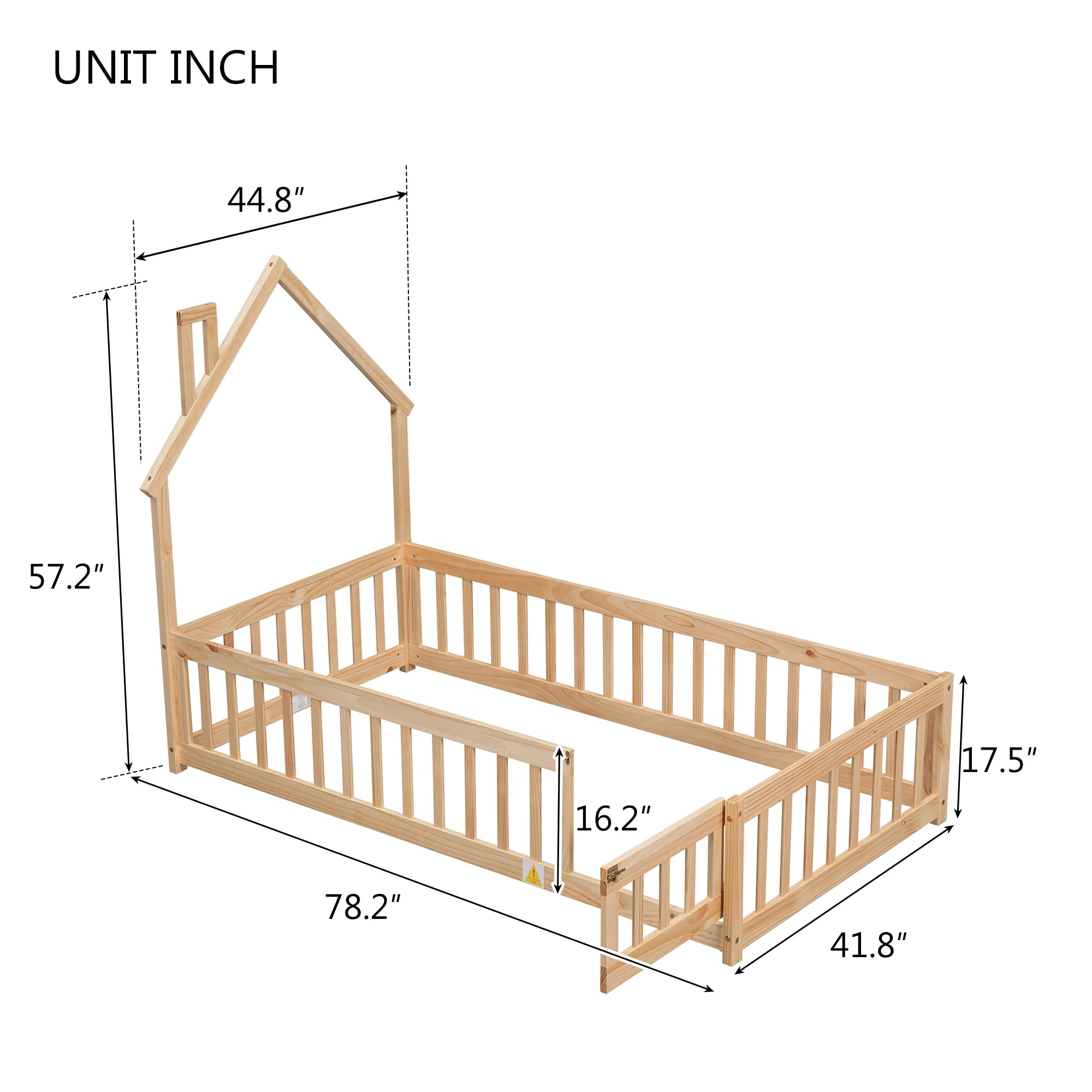 Twin Floor Bed with Rails and House-Shaped Headboard Kids Bed Frame with Fence and Doors Twin Size Wood Montessori Floor Bed for Baby Girls Boys, Natural