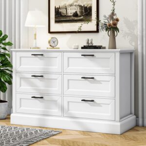 biukpci white 6 drawer dresser for bedroom, modern chest of drawers with deep drawers, wood double dresser for storage clothes