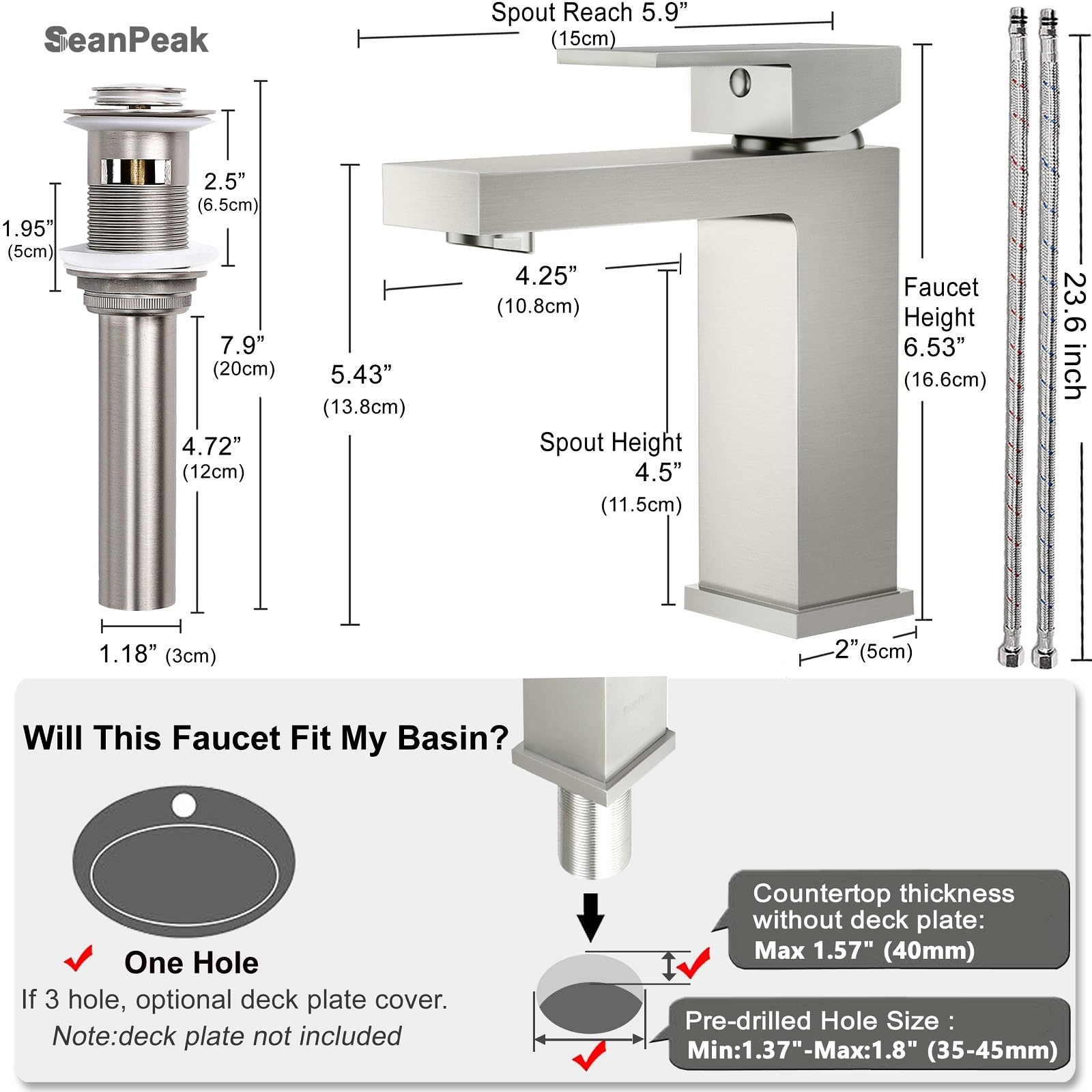 SeanPeak Brushed Nickel Bathroom Faucet, Solid Brass Bathroom Sink Faucet, Lead-Free Single Handle Vanity Faucets with Water Supply Hoses & Drain Stopper