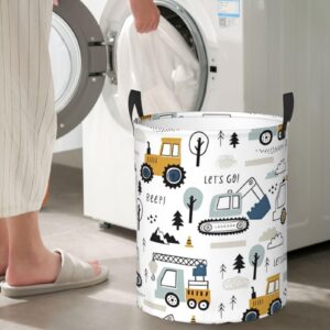 Lets Go Construction Vehicle Excavator Tractors Laundry Hamper with Durable Handle Waterproof Collapsible Laundry Basket Circular Dirty Clothes Storage Basket for Bathroom Bedroom College Dorm