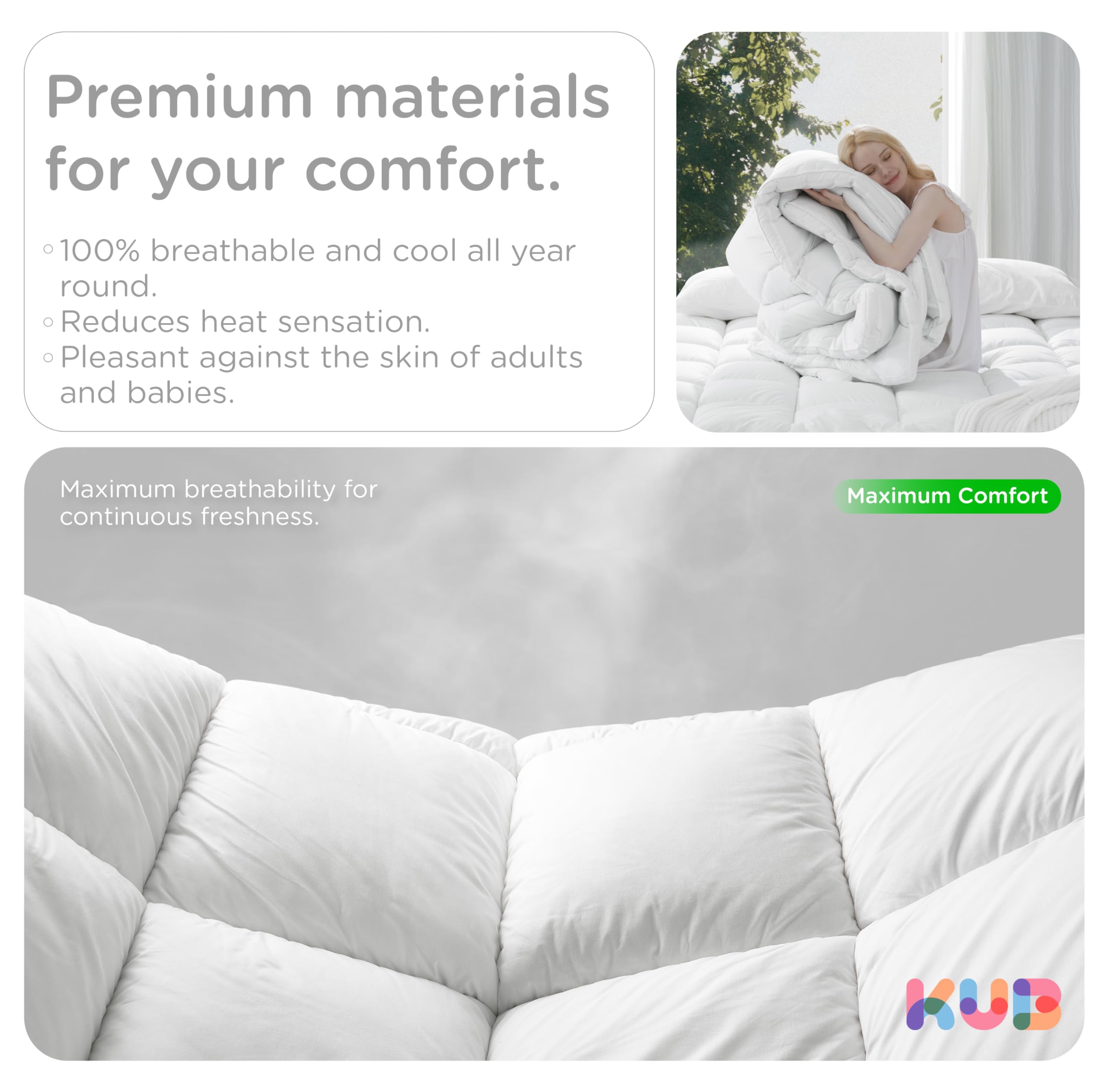 KUB Cotton Mattress Topper, Queen, Cooling Cotton Pillow Top with 8-21 Inch Deep Pocket, 3D Snow Down Alternative Fill, Breathable Fluffy Mattress Pad Cover (White, Queen 80 * 60inch)