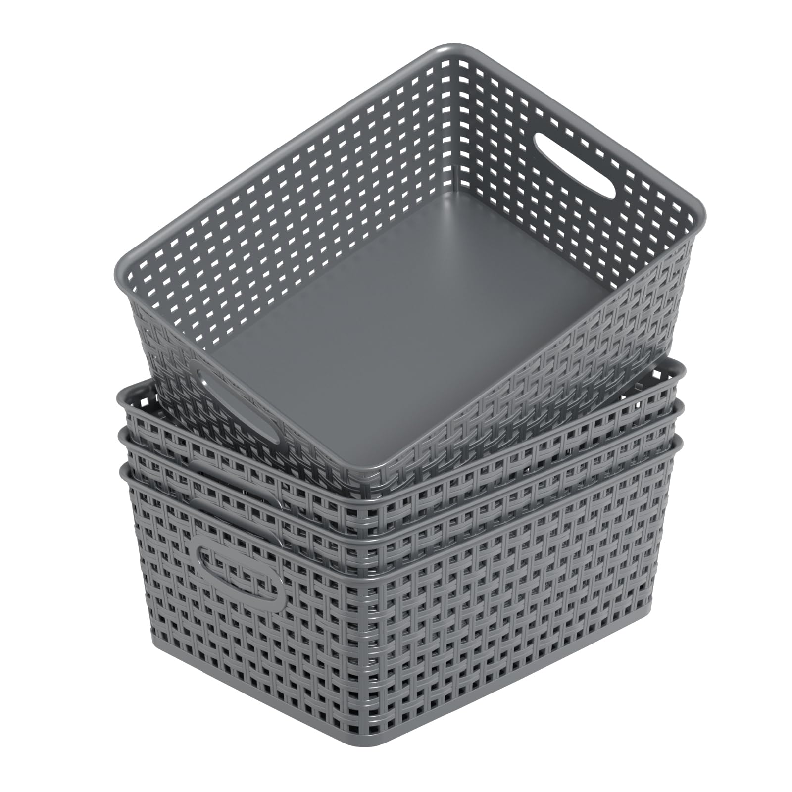 Kekow 4-Pack Gray Plastic Storage Basket, Pantry Woven Plastic Storage Basket