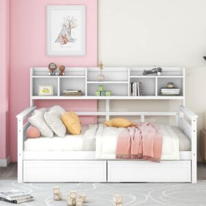 Harper & Bright Designs Full Daybed with Storage, Wooden Full Size Bed Frame with Bookcase Headboard and 2 Drawers, Full Sofa Bed with Shelves for Living Room Bedroom, No Box Spring Need, White