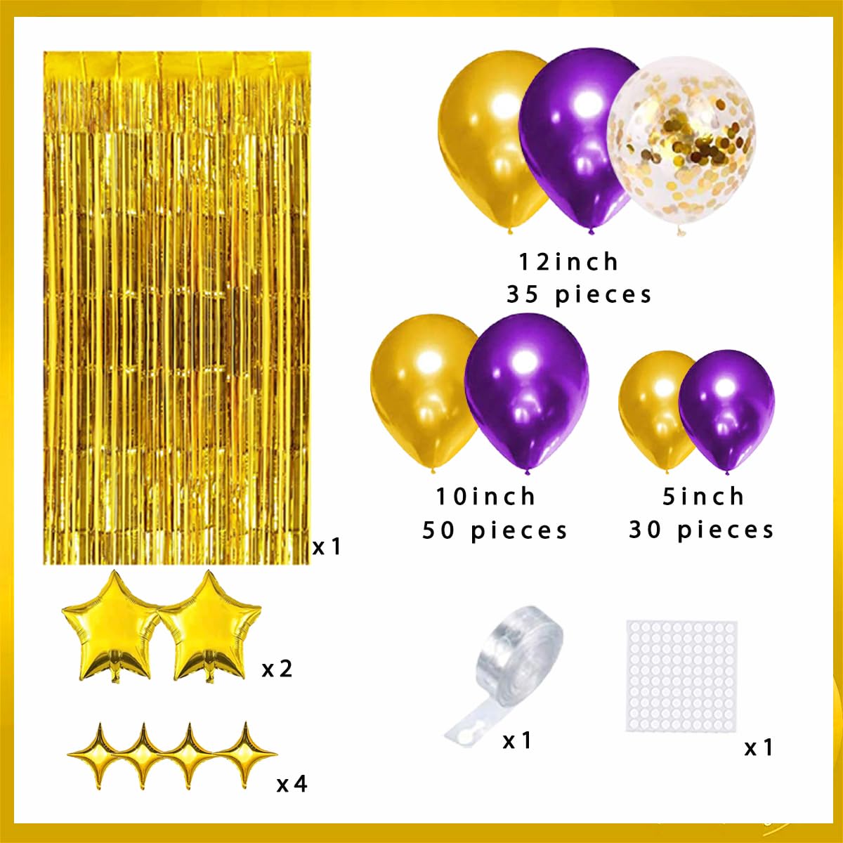 Purple Gold Balloon Garland Arch, 124PCS Purple and Gold Balloons Gold Star Balloons Purple Tinsel Foil Fringe Curtain for Purple Birthday Wedding Anniversary Graduation Party Decorations Purple Gold