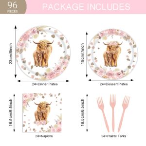 96 Pcs Boho Highland Cow Party Supplies for Girl Holy Cow Highland Baby Shower Plates and Napkins Party Supplies Bohemian Pink Floral Pampa Grass Highland Birthday Party Decorations Serves 24