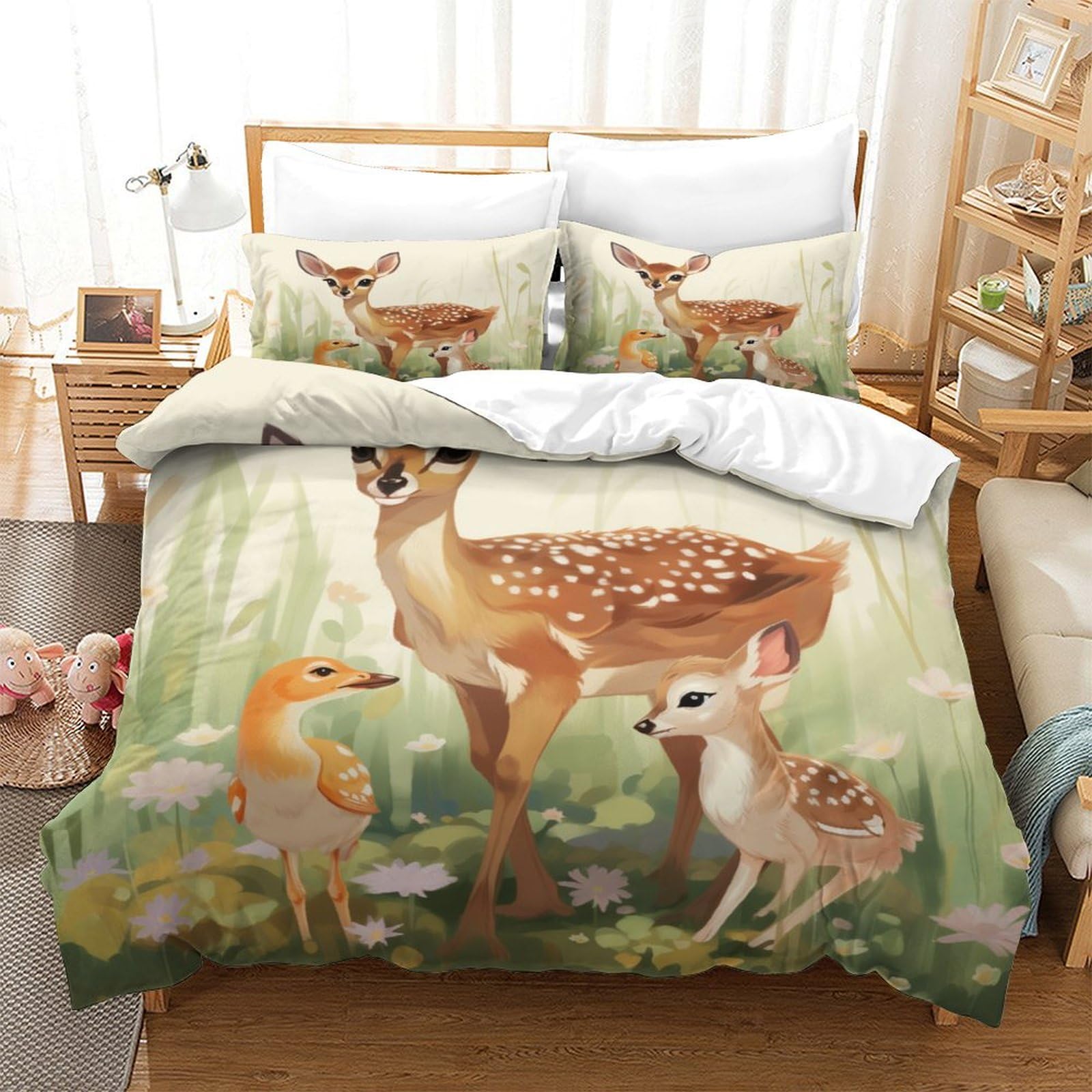 Baby Fawn Comforter Covers Duvet Cover 3D Printed Cute for Boys Girls Quilt Cover with Pillow Cases Bedding Set with Zipper Closure Soft Microfiber 2 Pieces Twin（173x218cm）