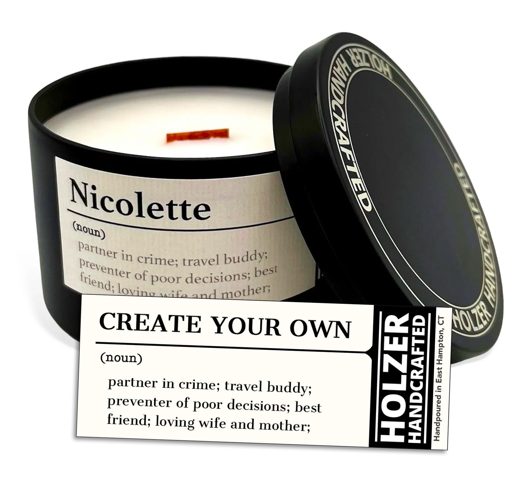 Holzer Custom Candles, Personalized Gifts, Wood Wick Scented/Unscented Custom Candle | Coconut Soy Wax | Handmade in CT USA by Holzer Handcrafted | 6oz in Black Tin Customized Label