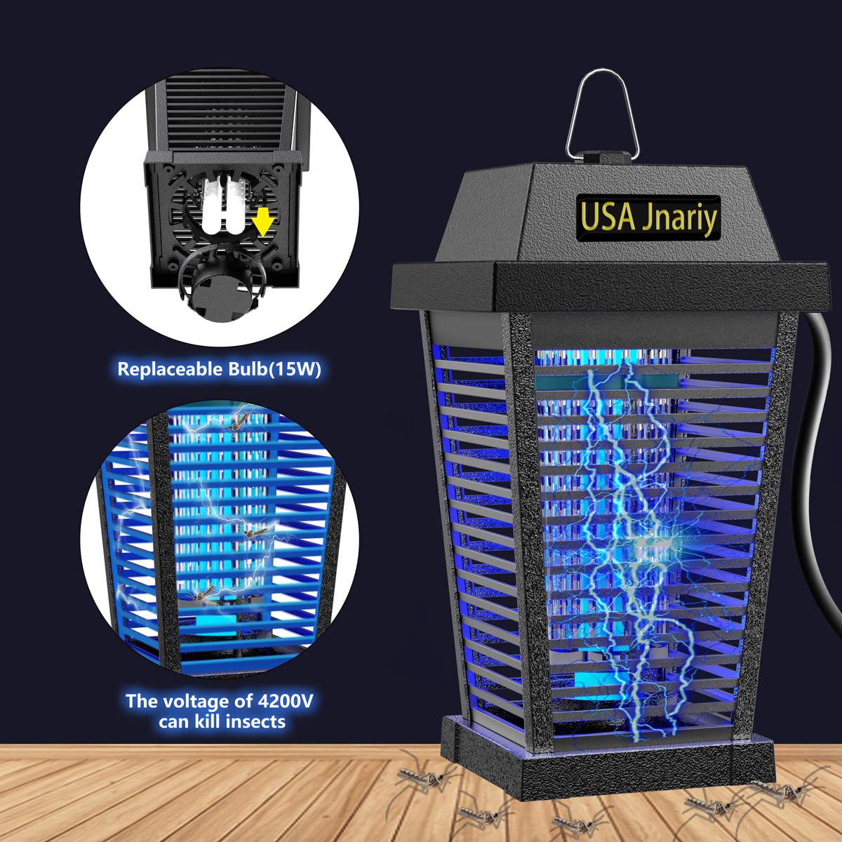 USA Jnariy Bug Zapper Outdoor, Fly Zappers Indoor Electric, Mosquito Zapper, Fly Insect Killer, Mosquito Killer, Mosquito Killer, 3 Prong Plug with 5ft Power Cord Trap Lantern