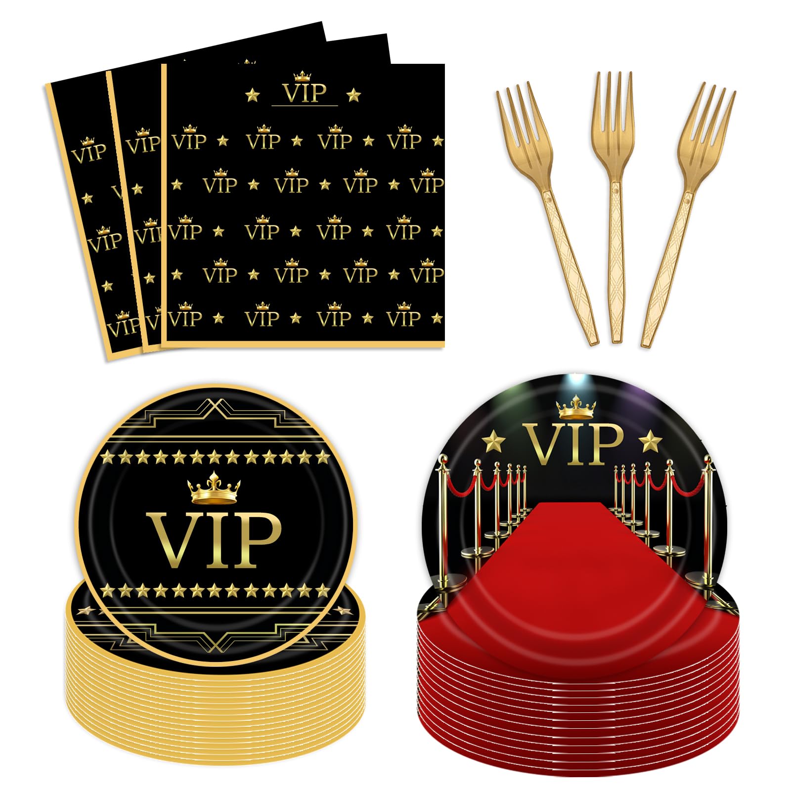 96Pcs VIP Party Supplies Disposable Red Carpet Event Plates and Napkins Fork Tableware Set Cine Film Show Celebrity Activity Graduation Prom Birthday Party Decorations Serves 24 Guests