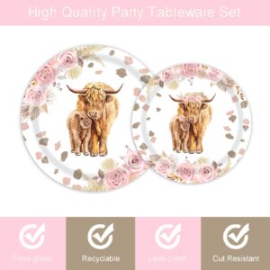 96 Pcs Boho Highland Cow Party Supplies for Girl Holy Cow Highland Baby Shower Plates and Napkins Party Supplies Bohemian Pink Floral Pampa Grass Highland Birthday Party Decorations Serves 24