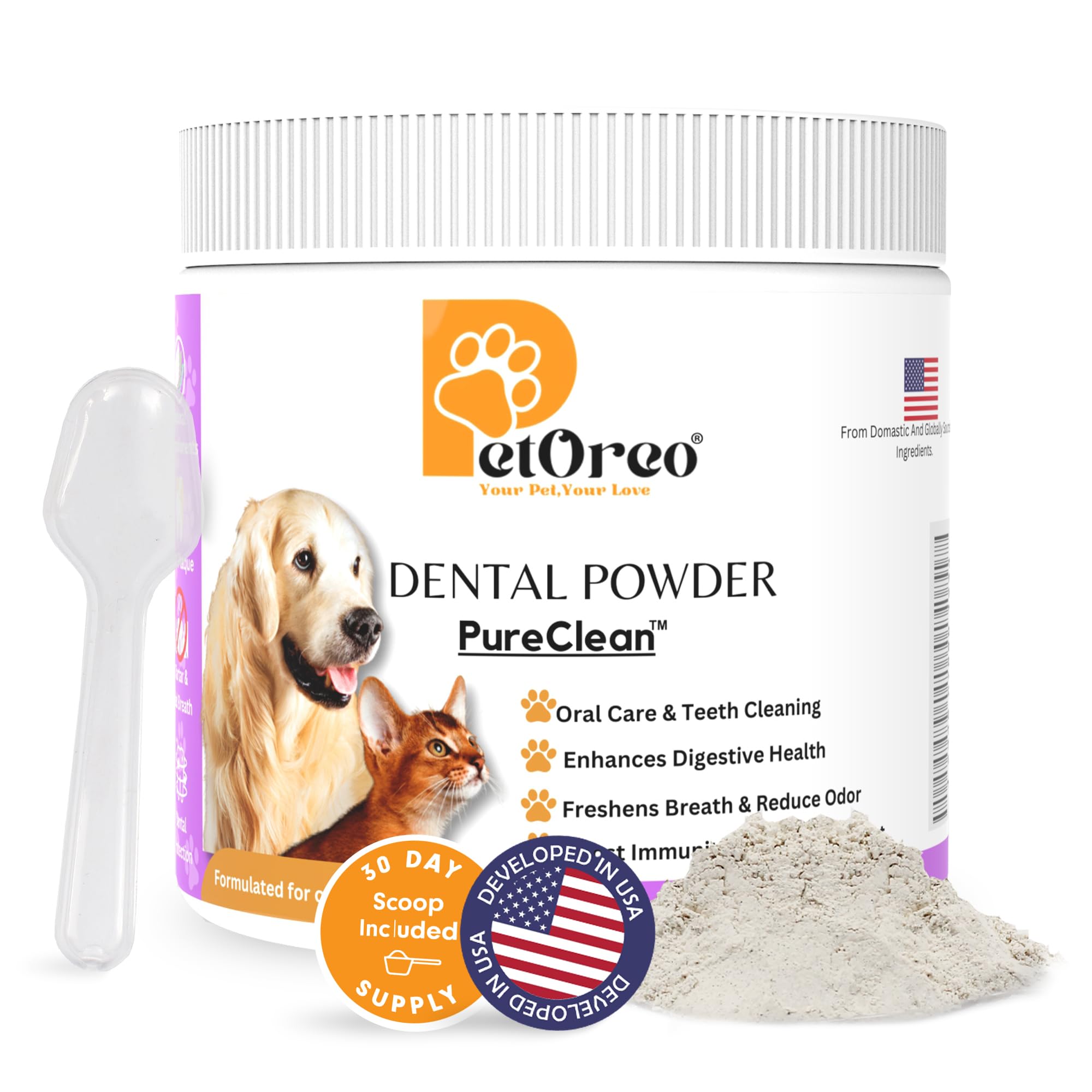 PETOREO Dog Teeth Cleaning Powder-Dog Breath Freshener Powder-Dog Bad Breath Treatment-Tartar Remover-Dental Care Supplies for Dogs & Cats, 30 Scoops