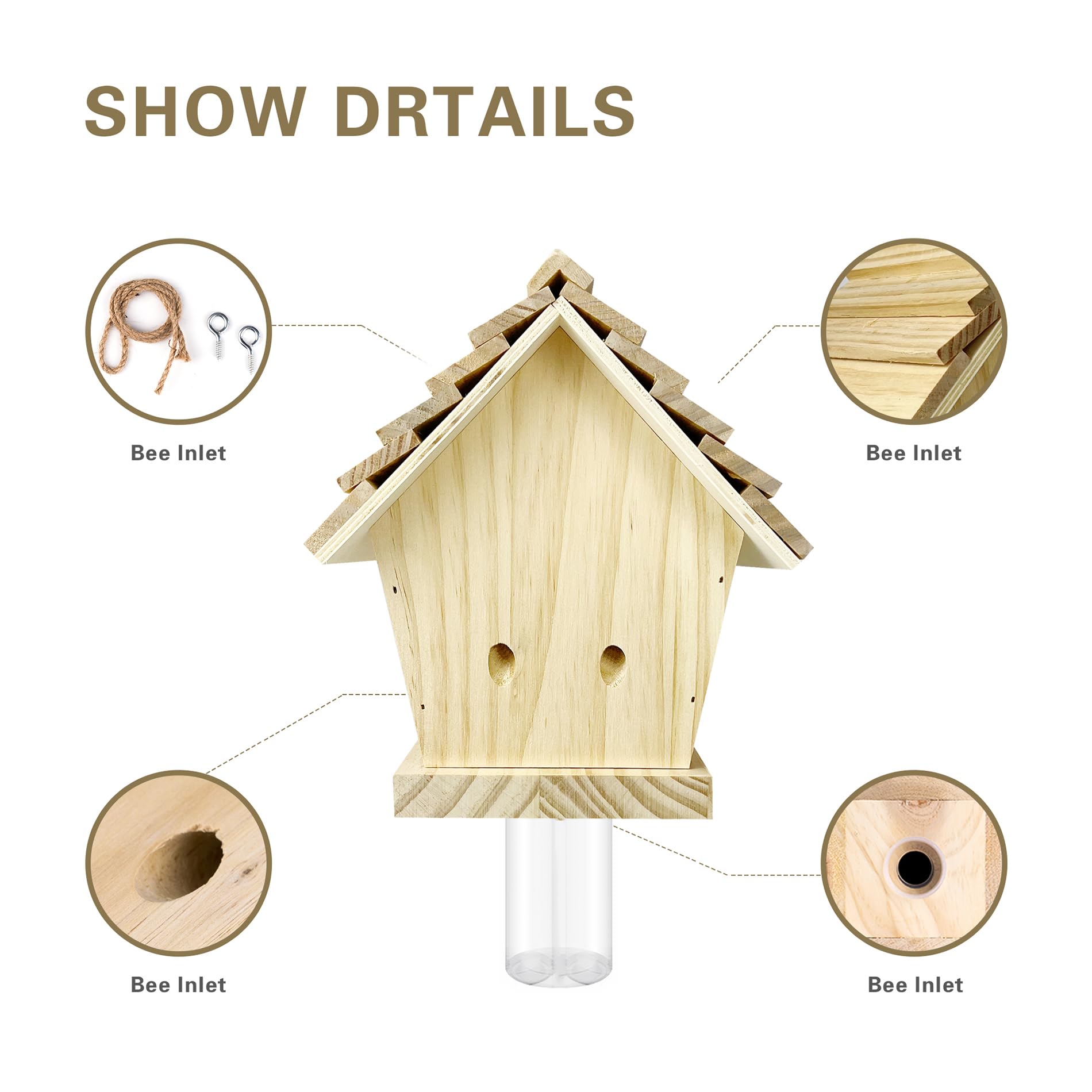 GRTRE 1 Pack Wood Carpenter Bee Trap for Outside - Best Bee Trap - Wood Boring Bee Trap- Nature Chalet Style Carpenter Bee Traps Outdoor Hanging - Insect Traps Removes Carpenter bee