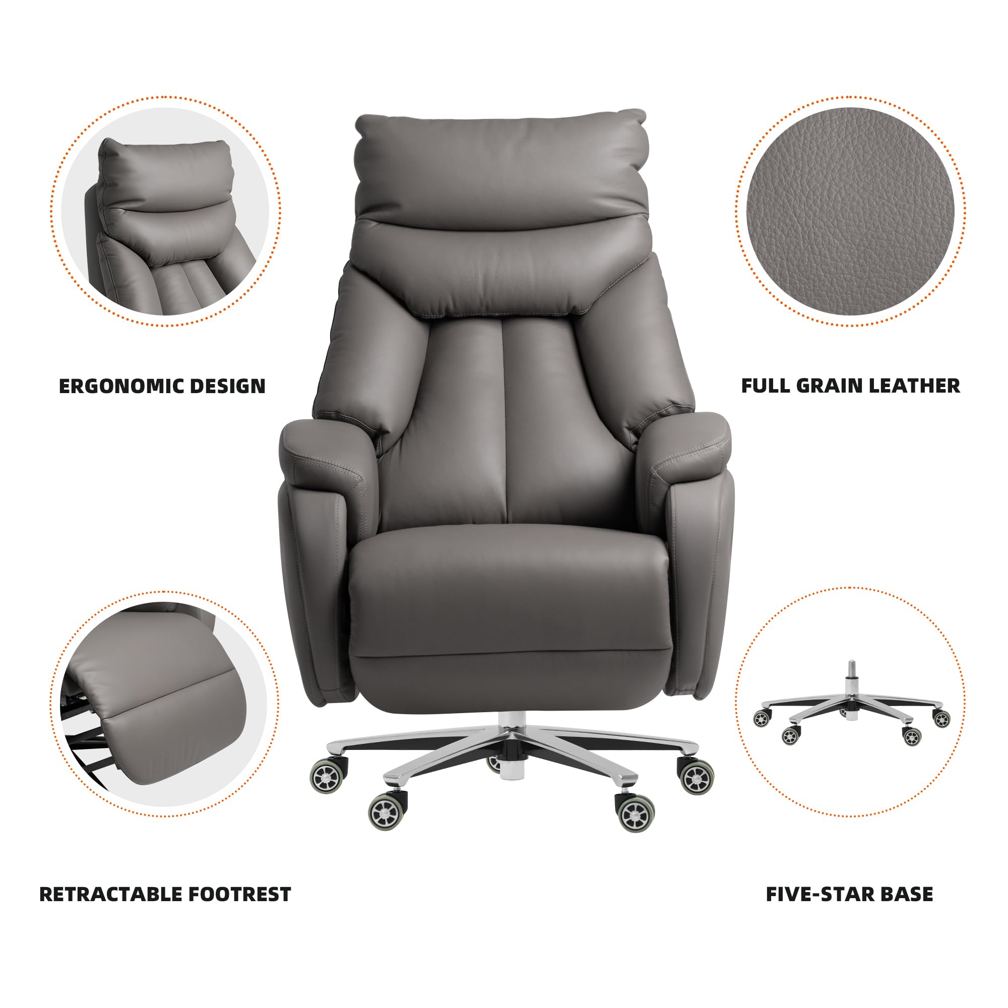 Kinnls Coast Power Office Recliner Chair,Big and Tall Executive Office Chair Fully Reclining Modern Ergonomic Genuine Leather Desk Chair with Arms (Gray-Dual Motor)