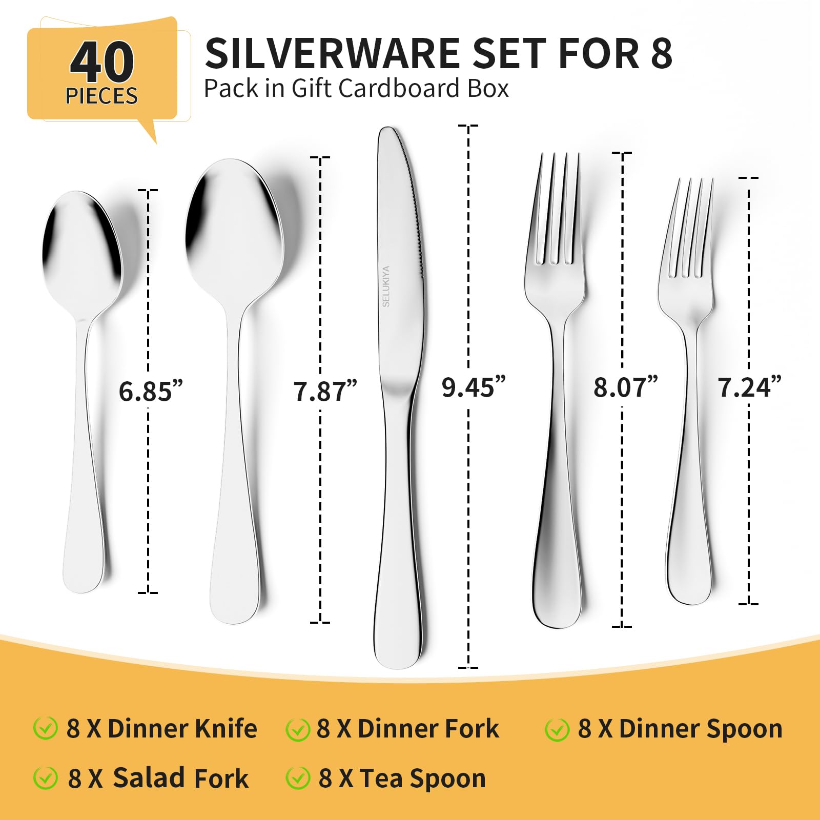 SELUKIYA Silverware Set for 8, 40 Pieces Heavy Duty Stainless Steel Flatware Set, Mirror Polished Cutlery Utensil Set, Dinner Fork Knife Spoon Eating Tableware Set for Home, Dishwasher Safe, Silver