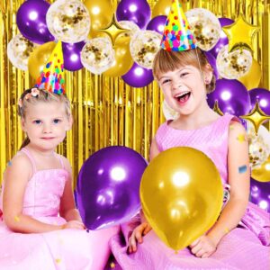 Purple Gold Balloon Garland Arch, 124PCS Purple and Gold Balloons Gold Star Balloons Purple Tinsel Foil Fringe Curtain for Purple Birthday Wedding Anniversary Graduation Party Decorations Purple Gold